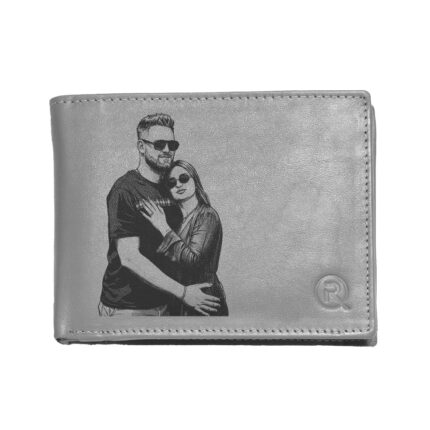 Portofel personalizat barbati din piele naturala cu poză și text gravat Laser, culoarea gri